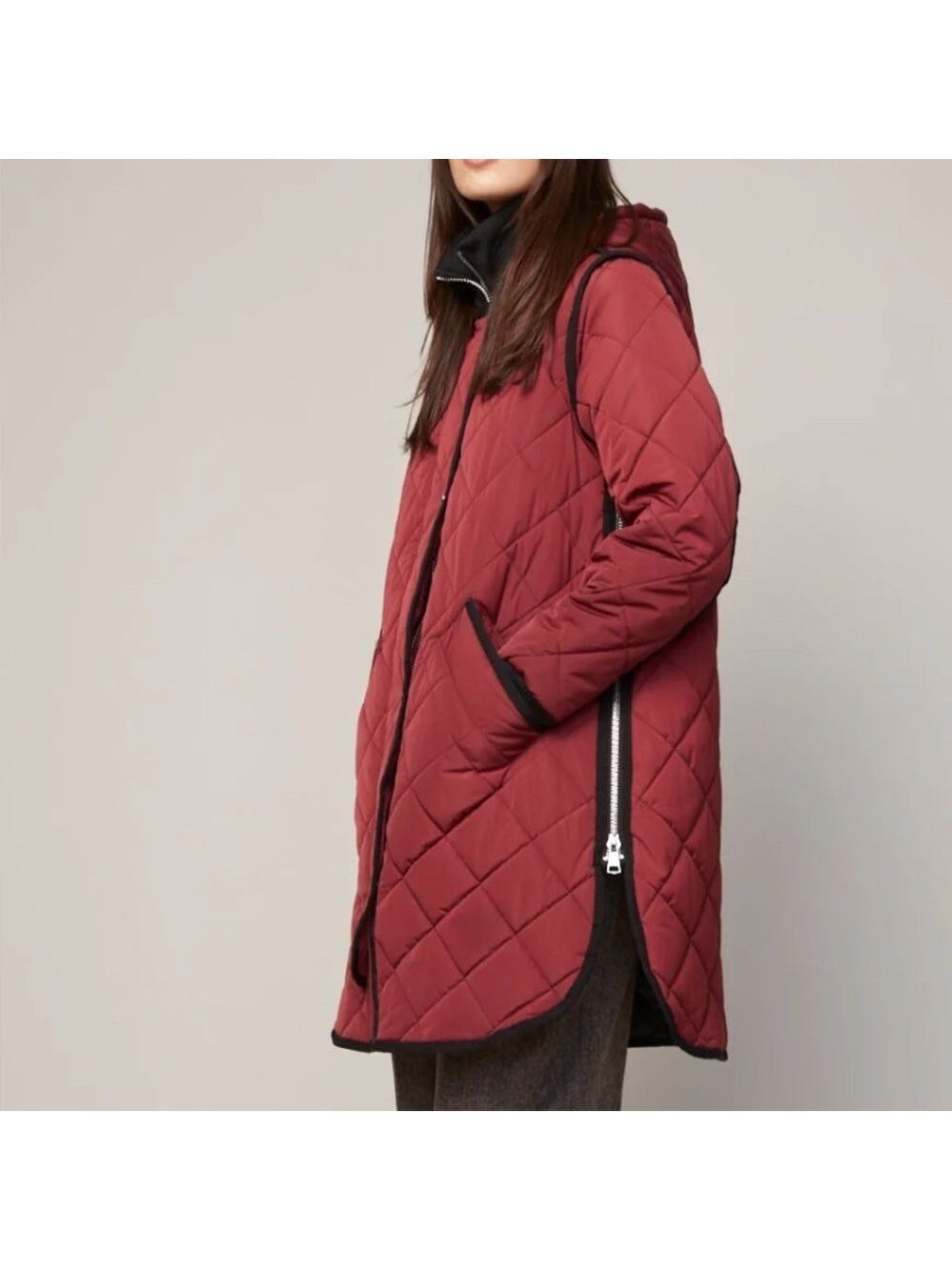 SOSKEN STUDIOS Oversized Gemma Funnel Neck Quilted Coat Ox Blood side zips Sz 0